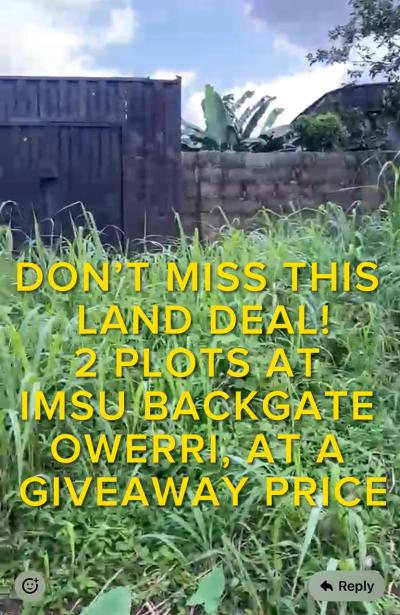 Don’t Miss This Land Deal – 2 Verified Plots of Land At IMSU Backgate Owerri, At A Giveaway Price!